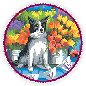 a completed paint by numbers canvas of a dog sitting in front of flowers